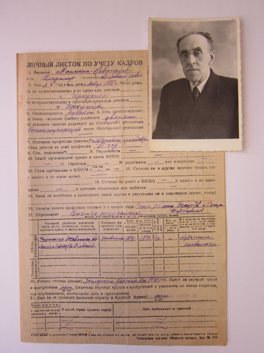 Маныкин-Невструев Владимир Александрович Родился в г. Иркутске в 1875 году. Умер в г. Курске в 1956 году. Заслуженный деятель искусств (РСФСР) (1940) г.